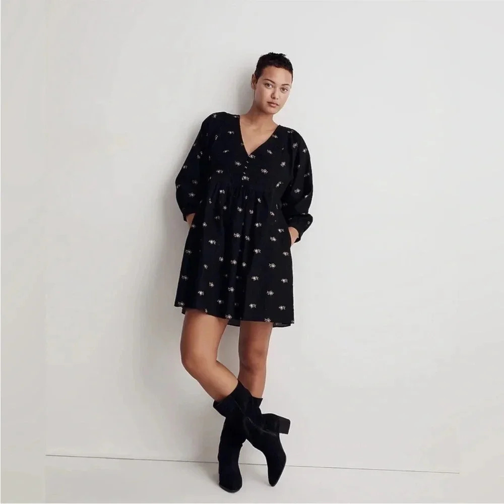 Womens Black Madewell Corduroy Quilted-Bib Mini Dress in Blurred Ikat Item NI714